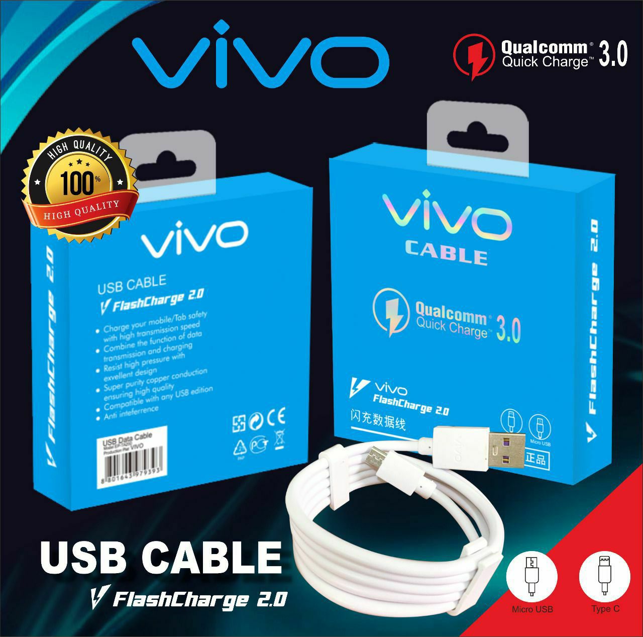 KABEL DATA SUPORT SUPER VOOC & FAST CHARGING PACKING IMPORT NEW VIVO TYPE C (NG)